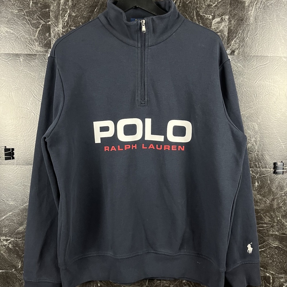 Polo Ralph Lauren Men's Blue Knit Spell Logo Quarter Sweatshirt Large